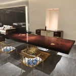 Molten Gold Pedestal Dining Table with Deep Red Burl Wood Top and Inlaid Motif